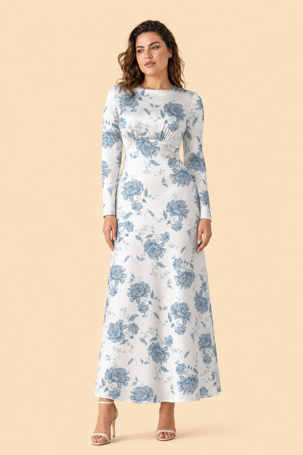 Floral Satin Charmeuse Plus Size Bridesmaid Dress with Elegant Peony Print Bridesmaid Gown Style