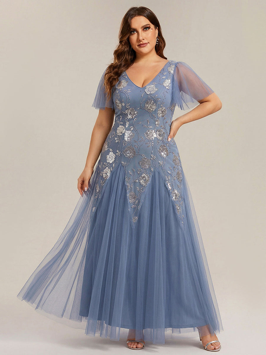Plus Size Floral Embroidered Sequin Ruffle Sleeve Tulle Evening Dress