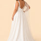 Plus Size A-Line Wedding Dress with Asymmetric Sleeve Lace Panels Open Back and Pockets