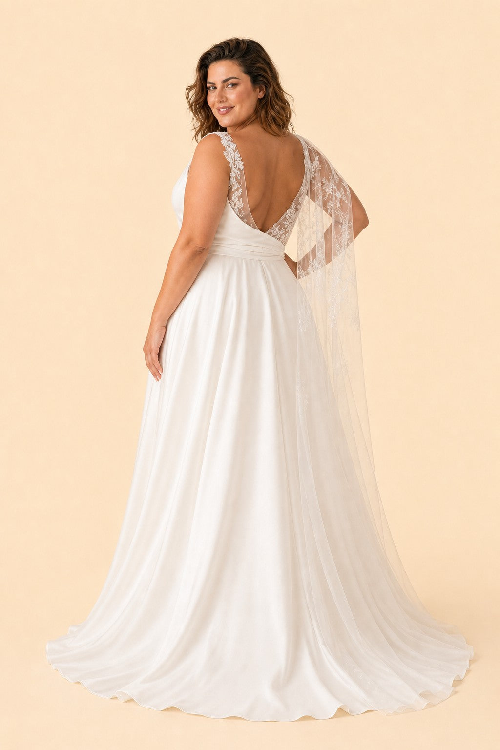 Plus Size A-Line Wedding Dress with Asymmetric Sleeve Lace Panels Open Back and Pockets
