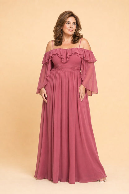 Flowy Bridesmaid Dress with Ruched Bodice and Soft Feminine Ruffle Accents for Elegant Weddings