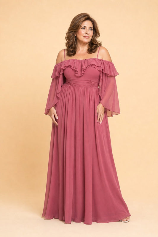 Flowy Bridesmaid Dress with Ruched Bodice and Soft Feminine Ruffle Accents for Elegant Weddings