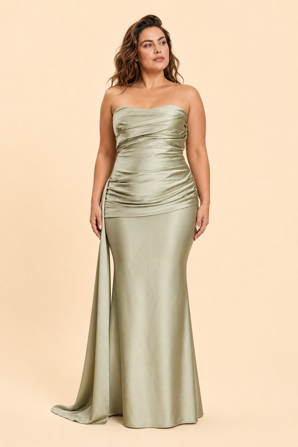 Plus Size Strapless Bridesmaid Dress Ruched Maxi Dress with Draped Waist Tie Elegant Gown
