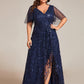 Plus Size Short Sleeves Sequin High Low V-Neck Midi Formal Evening Dress
