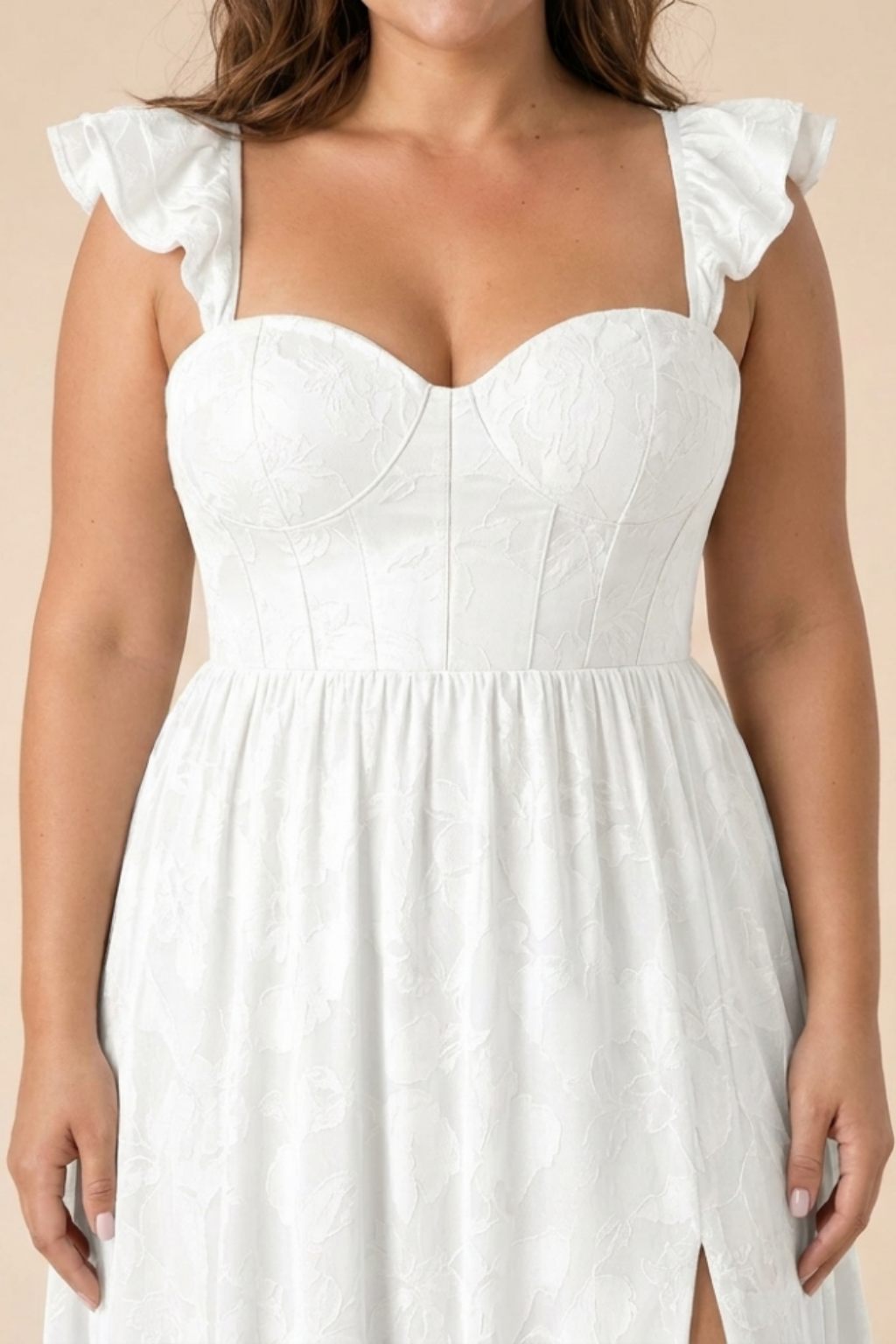 Plus Size A-Line Bridesmaid Dress with Floral Burnout Fabric Ruched Bodice and Slit Detail