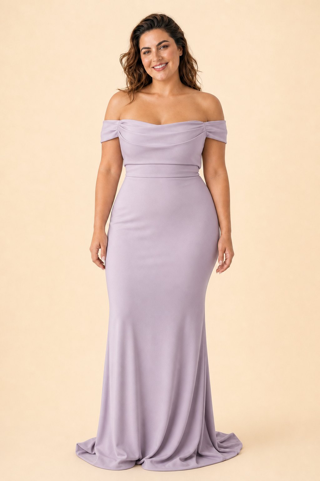 Plus Size Off Shoulder Ruched Bridesmaid Dress with Statement Back Bow
