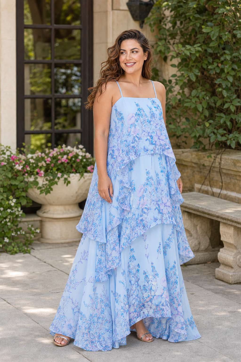 Romantic Floral A-Line Bridesmaid Dress with Flowing Tiered Skirt
