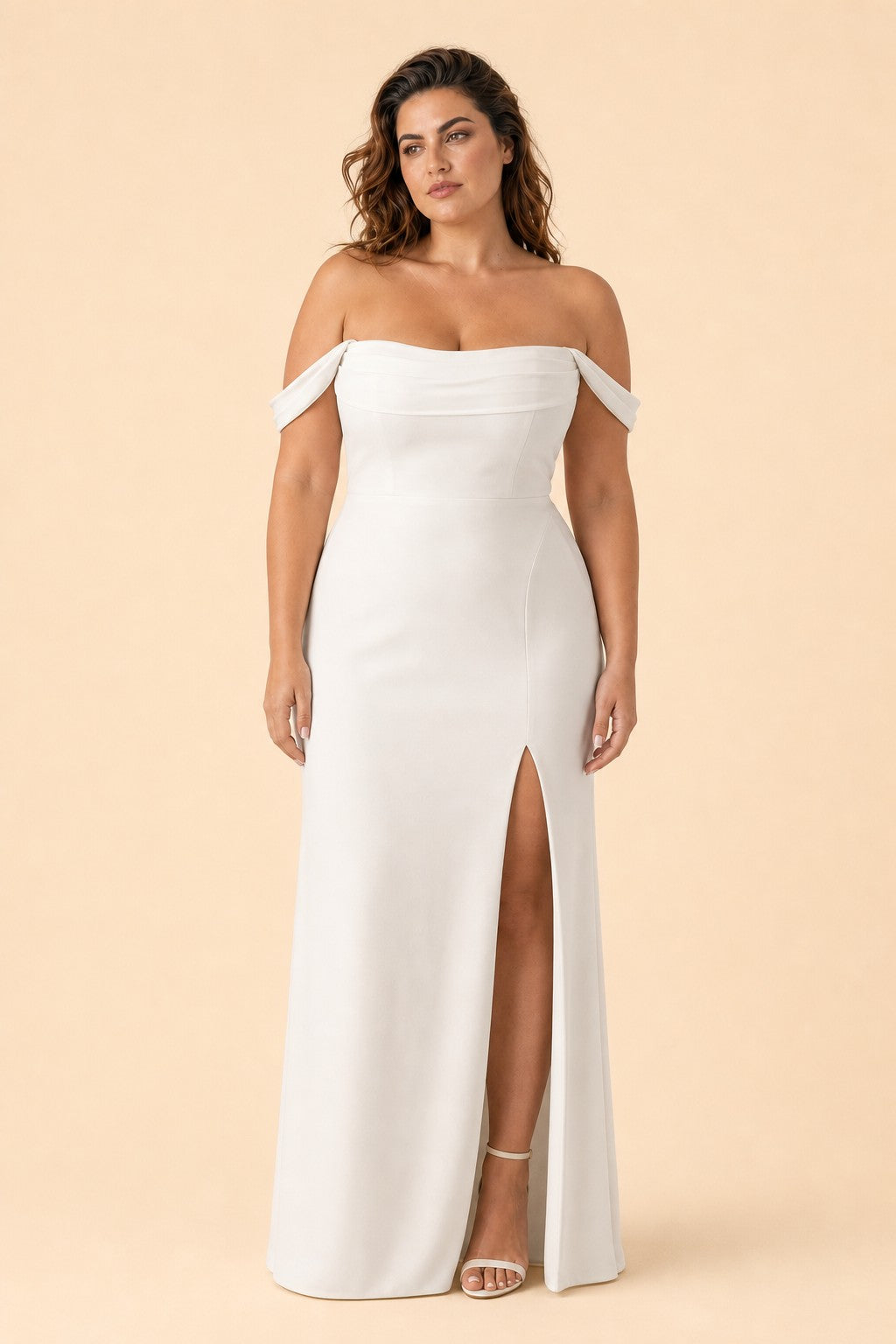 Plus Size Off Shoulder Chiffon Bridesmaid Dress with Pleated Details and Elegant Leg Slit
