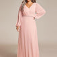 Plus Size A-Line V-Neck See-Through Long Sleeves Shiny Belt Chiffon Evening Dress