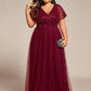 Plus Size Short Sleeves Sequin V-Neck Formal Evening Dress with Tulle