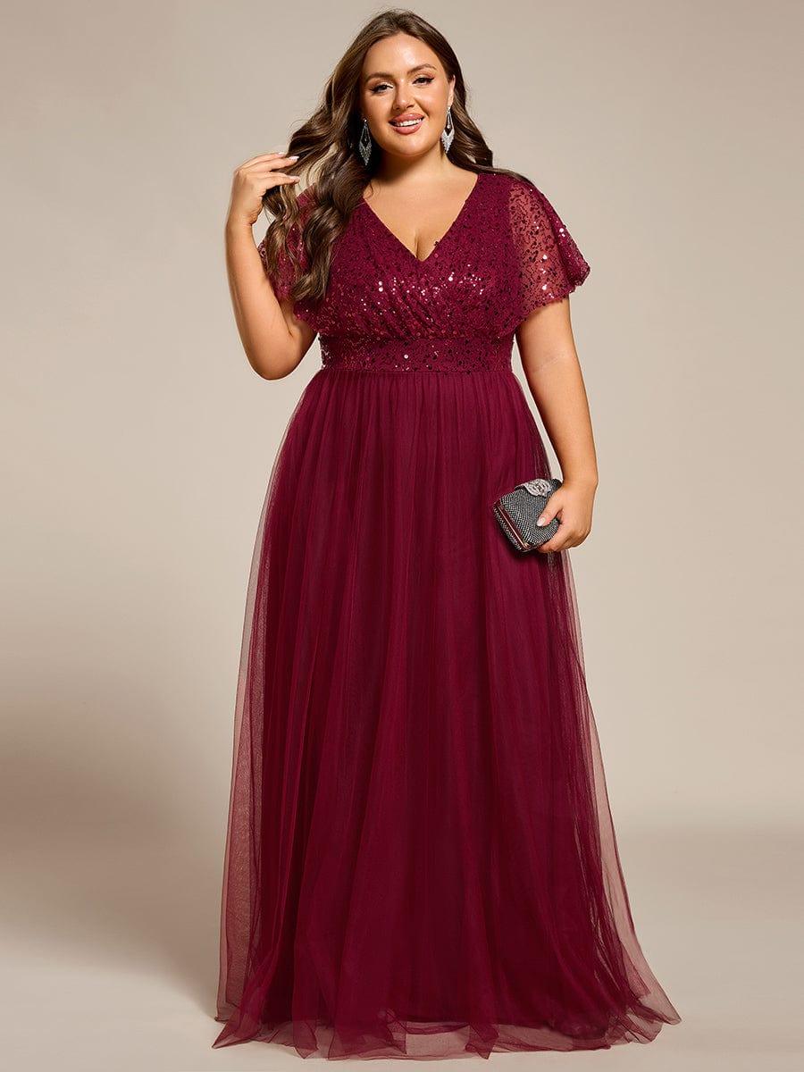 Plus Size Short Sleeves Sequin V-Neck Formal Evening Dress with Tulle
