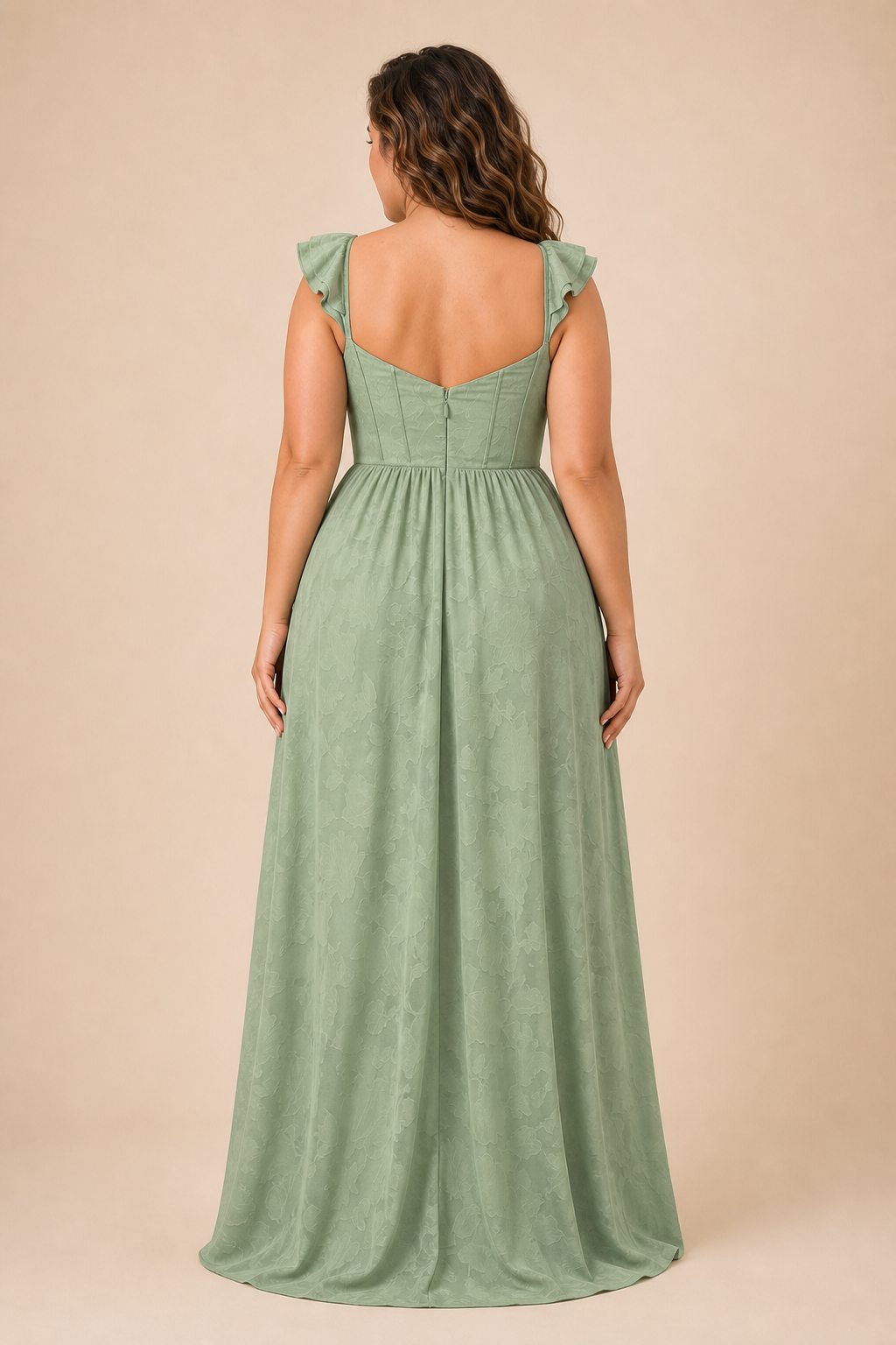 Plus Size A-Line Bridesmaid Dress with Floral Burnout Fabric Ruched Bodice and Slit Detail
