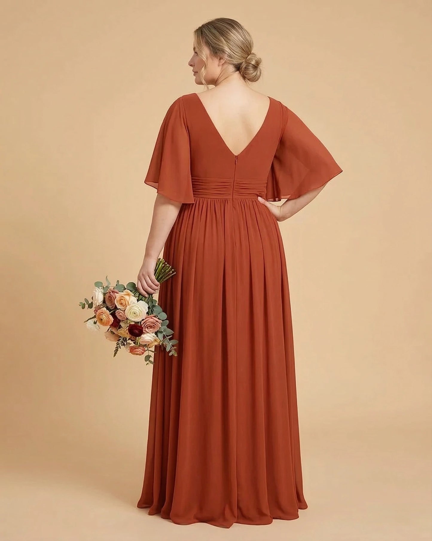 Petaline Romantic Plus Size A-Line Bridesmaid Dress with V-Neck Pleated Chiffon - for Weddings N0301