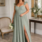 Plus Size A-Line Bridesmaid Dress with Floral Burnout Fabric Ruched Bodice and Slit Detail