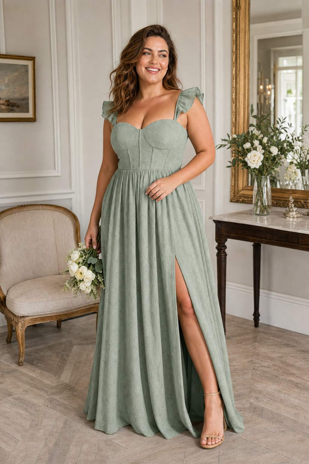 Plus Size A-Line Bridesmaid Dress with Floral Burnout Fabric Ruched Bodice and Slit Detail