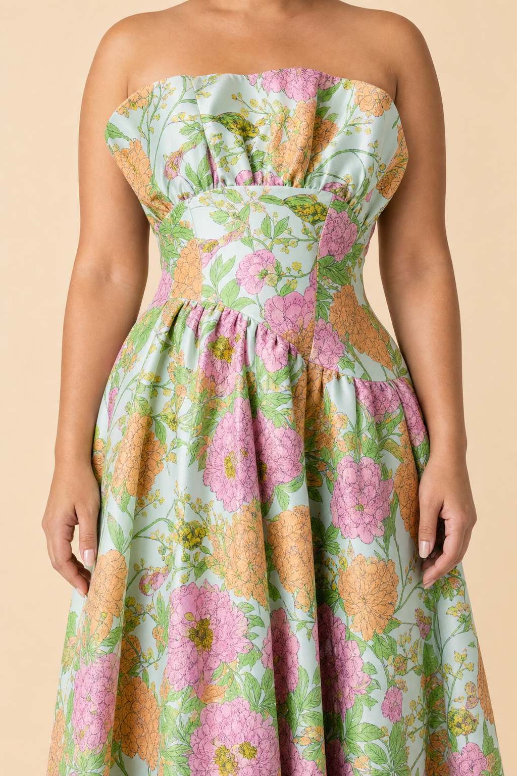 Plus Size Floral Jacquard Bridesmaid Dress with Ruffle Hem A-Line Silhouette