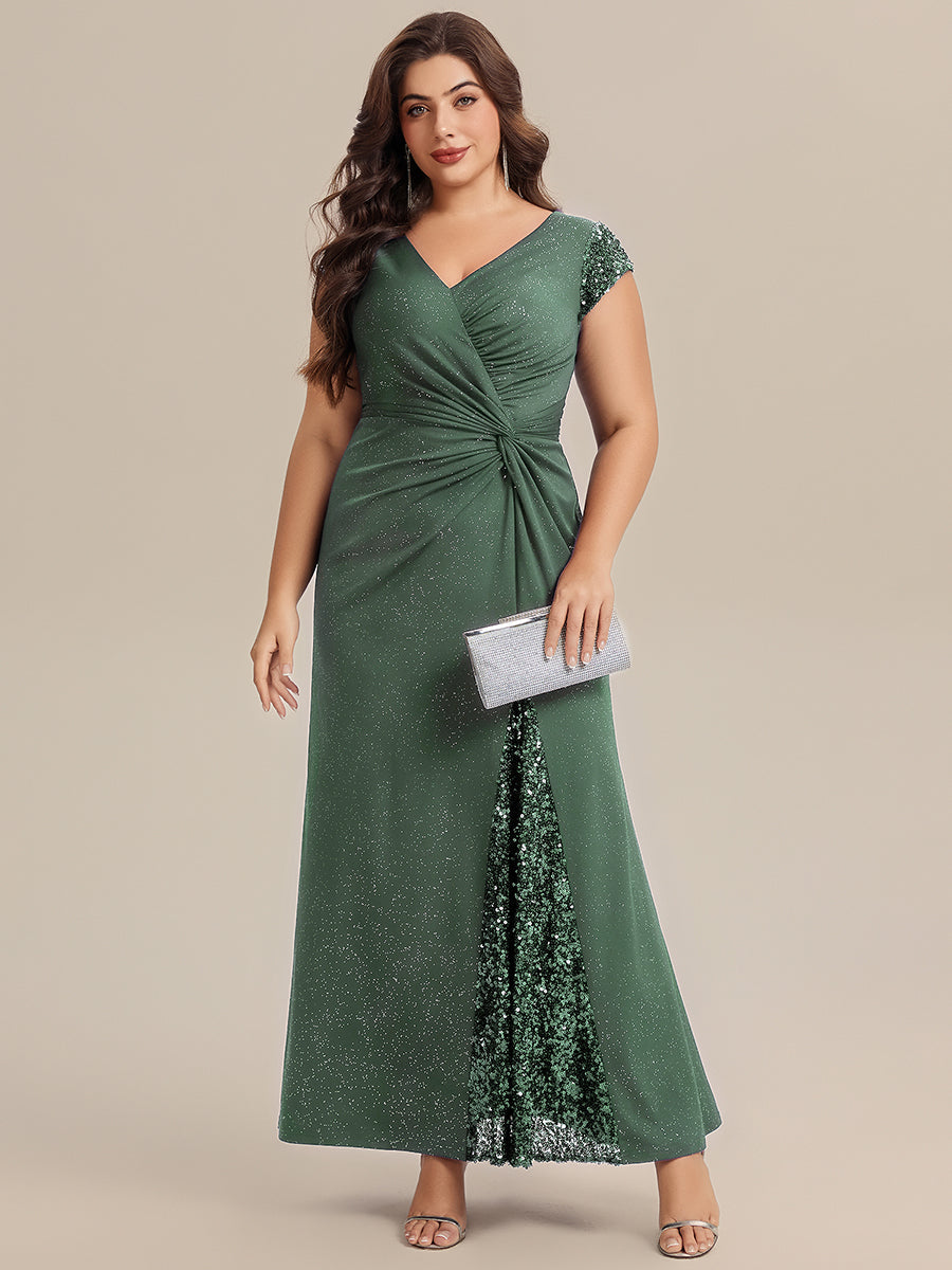Plus Size Knotted Knit Cap Sleeve Maxi Glitter Evening Dress