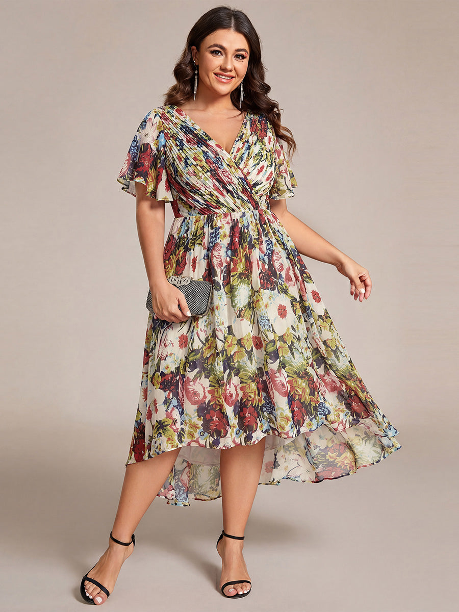 Plus Size Double V-Neck Ruffles Sleeve Chiffon Midi Wedding Guest Dress