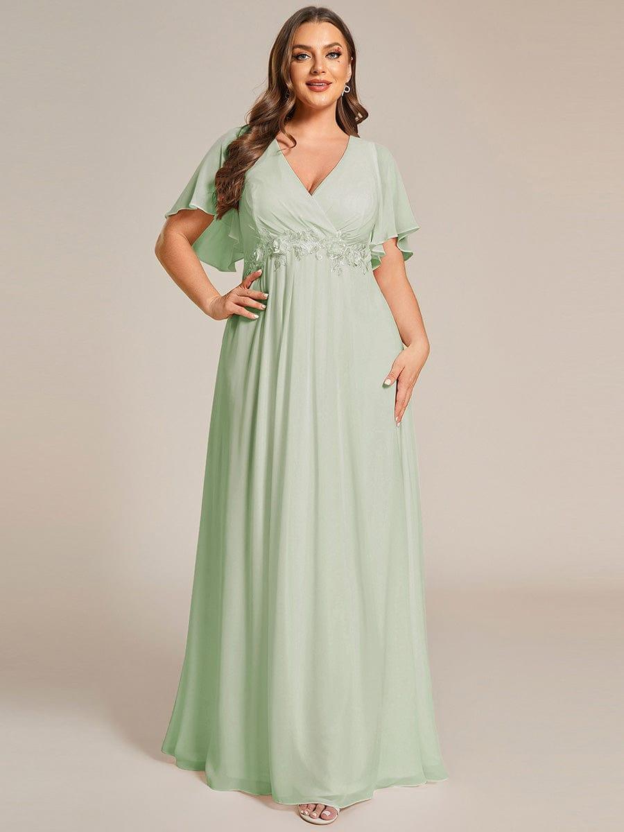 Plus Size Floral Applique Short Sleeve A-Line Chiffon Formal Evening Dress
