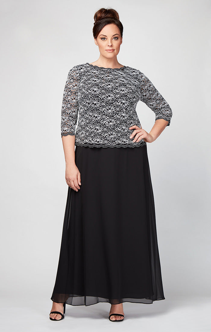 Plus Long Gown with Lace Bodice with Scalloped Hem and Chiffon Skirt