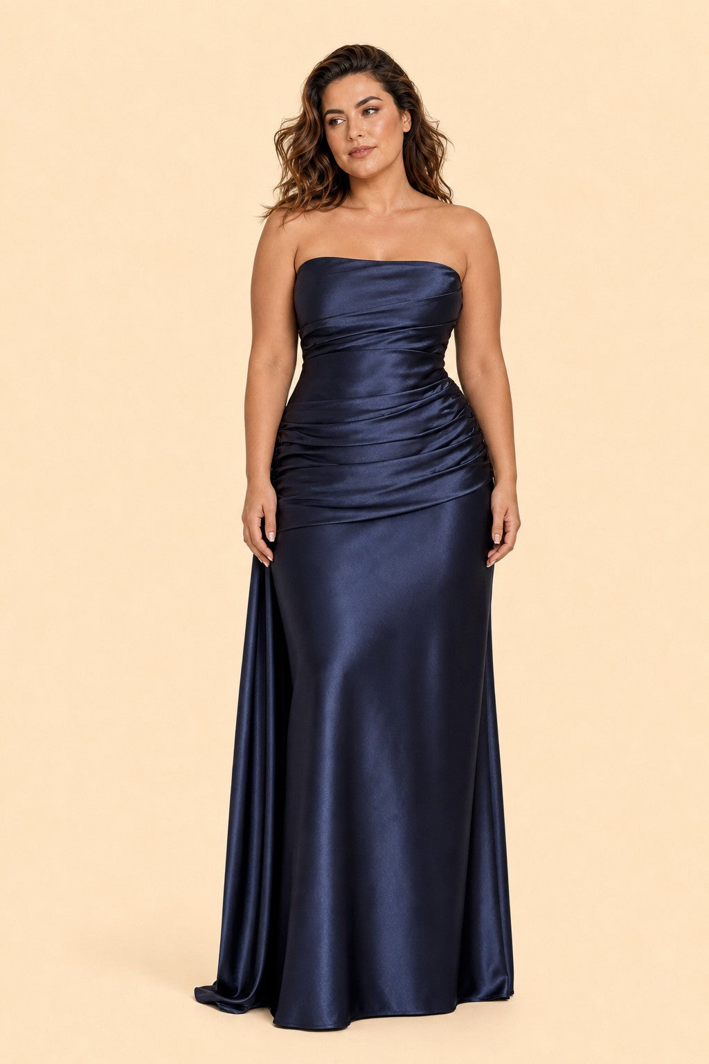 Plus Size Strapless Bridesmaid Dress Ruched Maxi Dress with Draped Waist Tie Elegant Gown