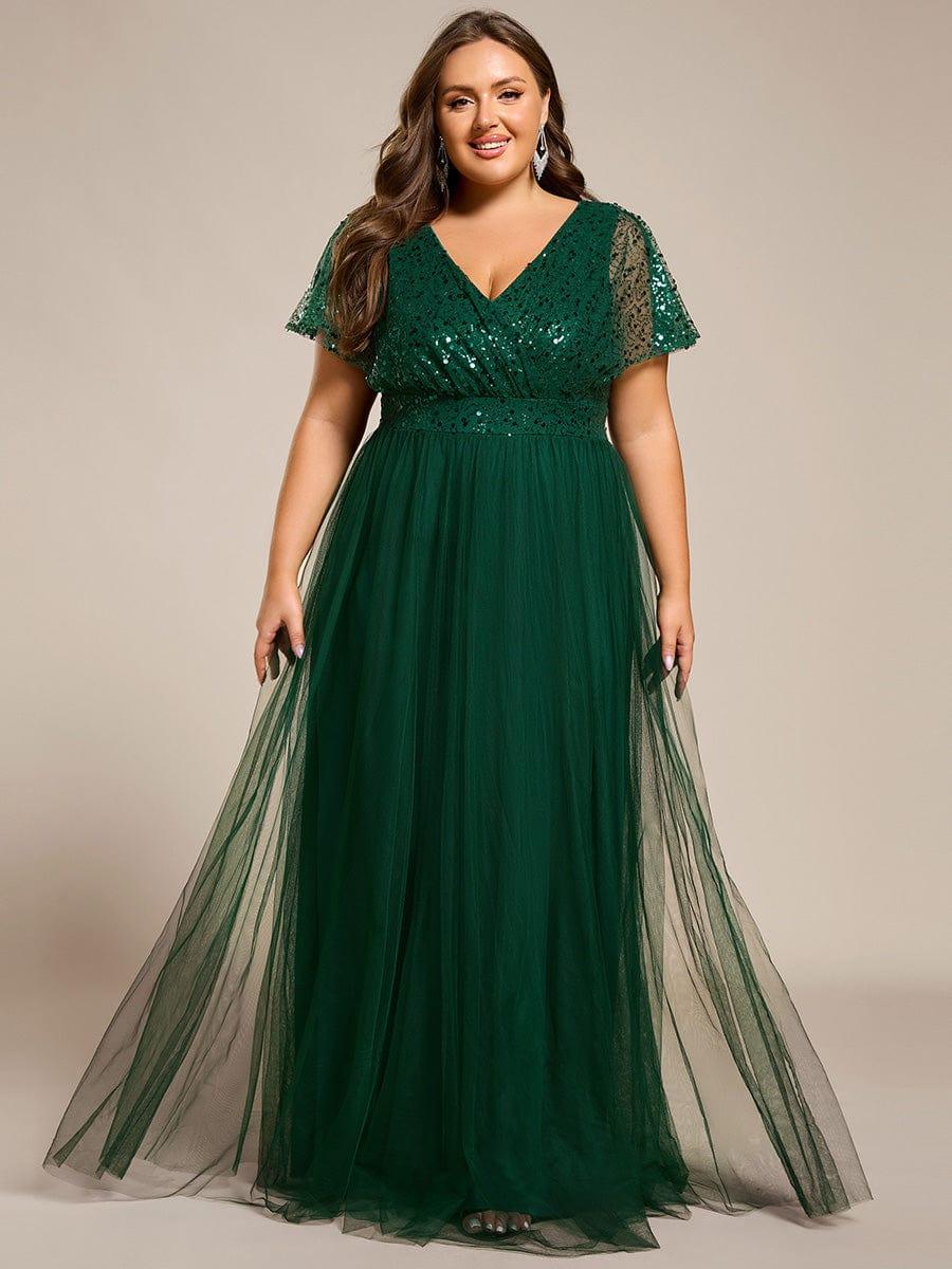 Plus Size Short Sleeves Sequin V-Neck Formal Evening Dress with Tulle
