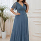 Plus Size V Neck Ribbon Waist Formal Evening Dress With Sleeves