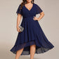 Plus Size Chiffon Short Sleeves Pleated V-Neck A-Line Midi Wedding Guest Dress