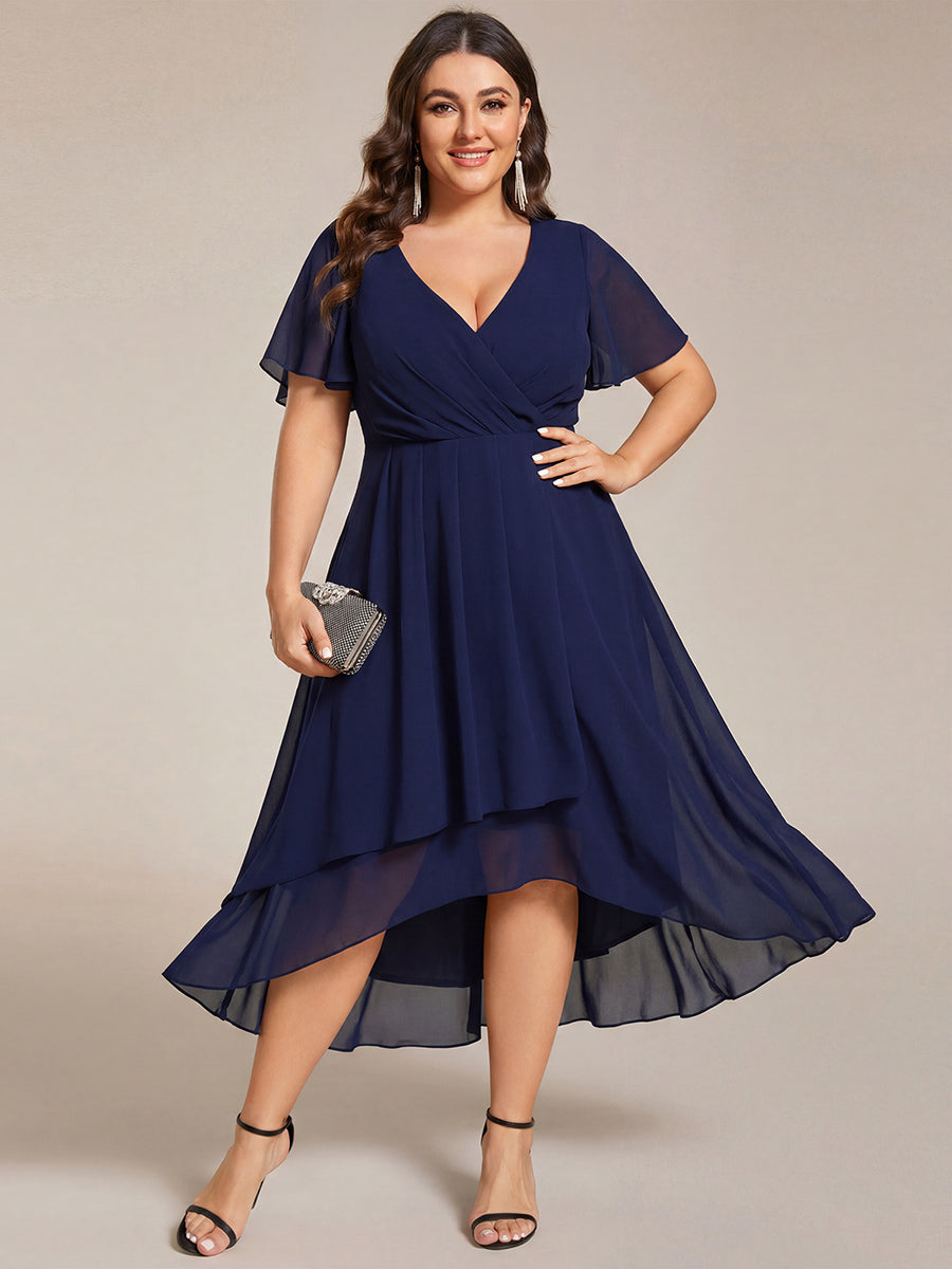 Plus Size Chiffon Short Sleeves Pleated V-Neck A-Line Midi Wedding Guest Dress