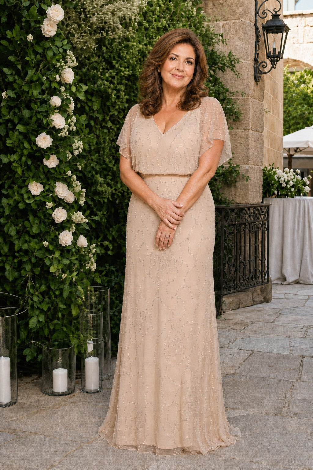 Plus Size Elegant Mother of the Bride Gown with Floral Beaded V Neck Design
