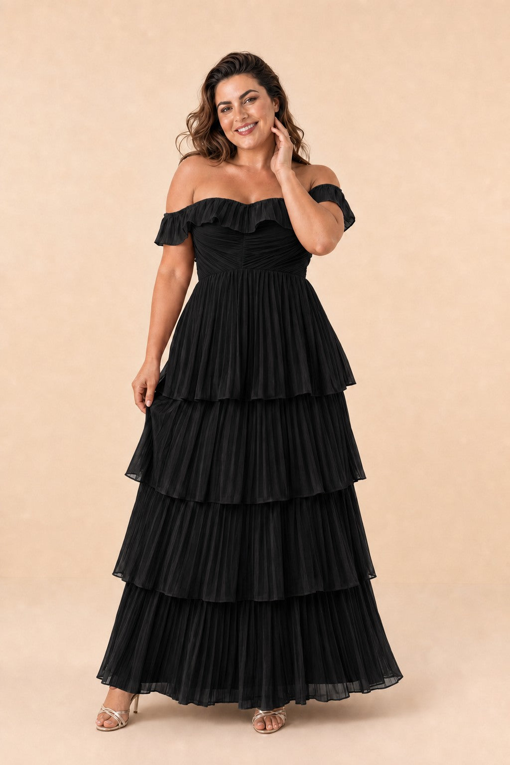 Elegant A Line Maxi Bridesmaid Dress Pleated Tiered Off Shoulder Design