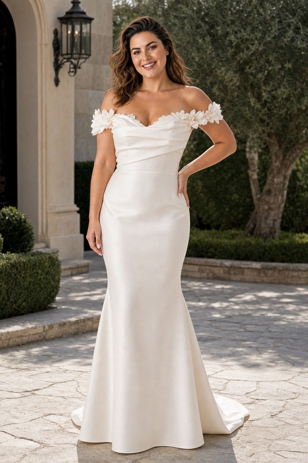 Plus Size Off Shoulder Wedding Dress with Detachable Train and Lace Appliqués