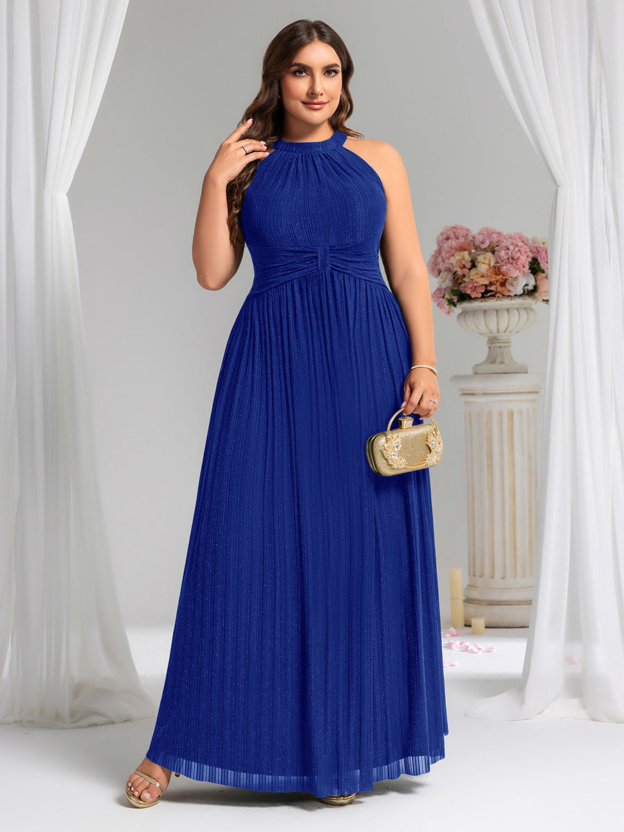 Plus Size Glittery Halter Neck Pleated Formal Evening Dress