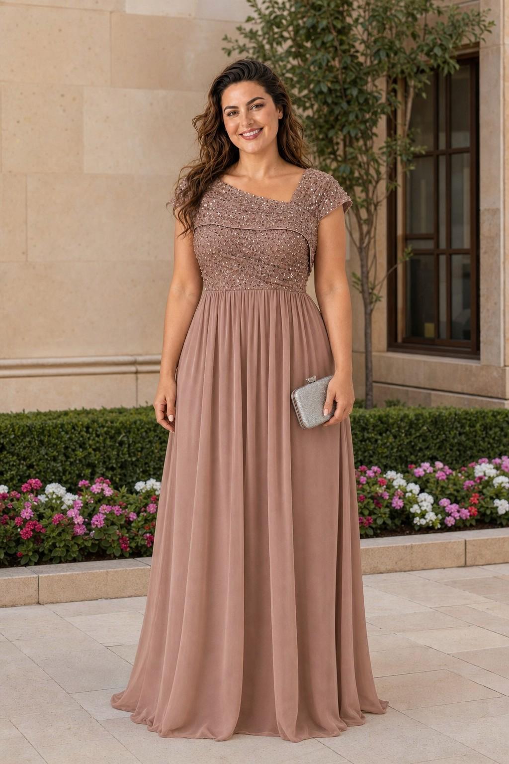 Asymmetrical Neck Evening Gown with Sequin Accent for Bridesmaids and Formal Events