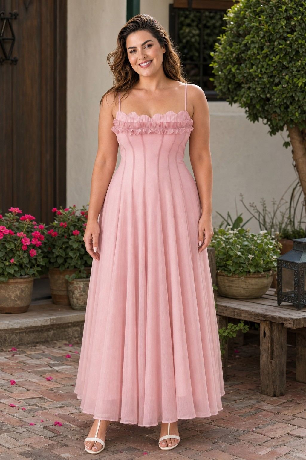 Plus Size Ruffled Shirred Tulle Bridesmaid Dress A-Line Maxi
