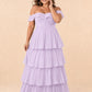 Elegant A Line Maxi Bridesmaid Dress Pleated Tiered Off Shoulder Design