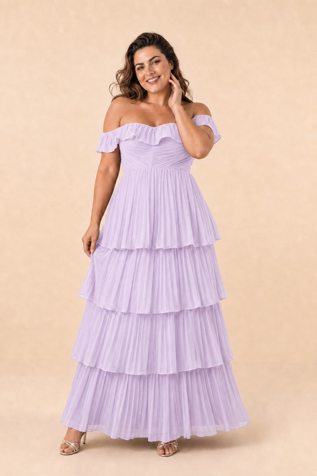 Elegant A Line Maxi Bridesmaid Dress Pleated Tiered Off Shoulder Design