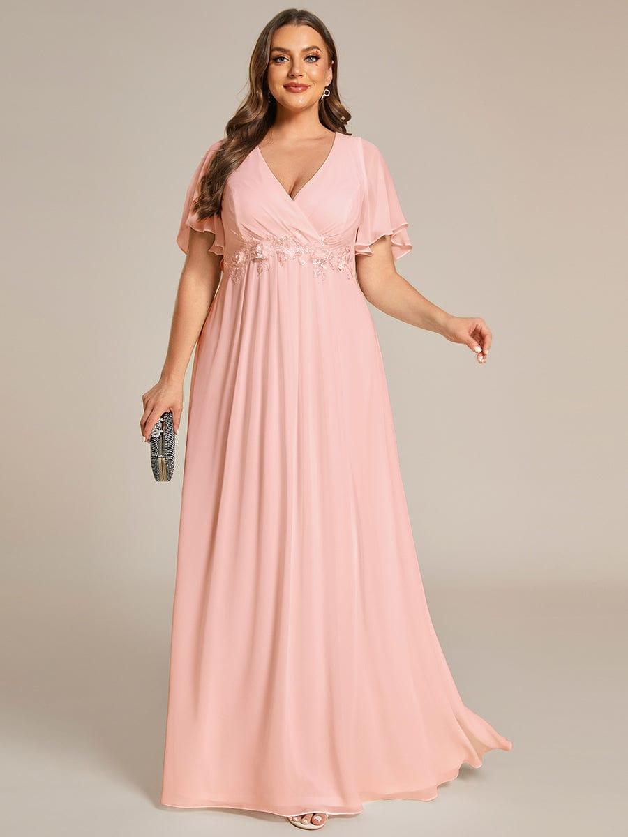 Plus Size Floral Applique Short Sleeve A-Line Chiffon Formal Evening Dress