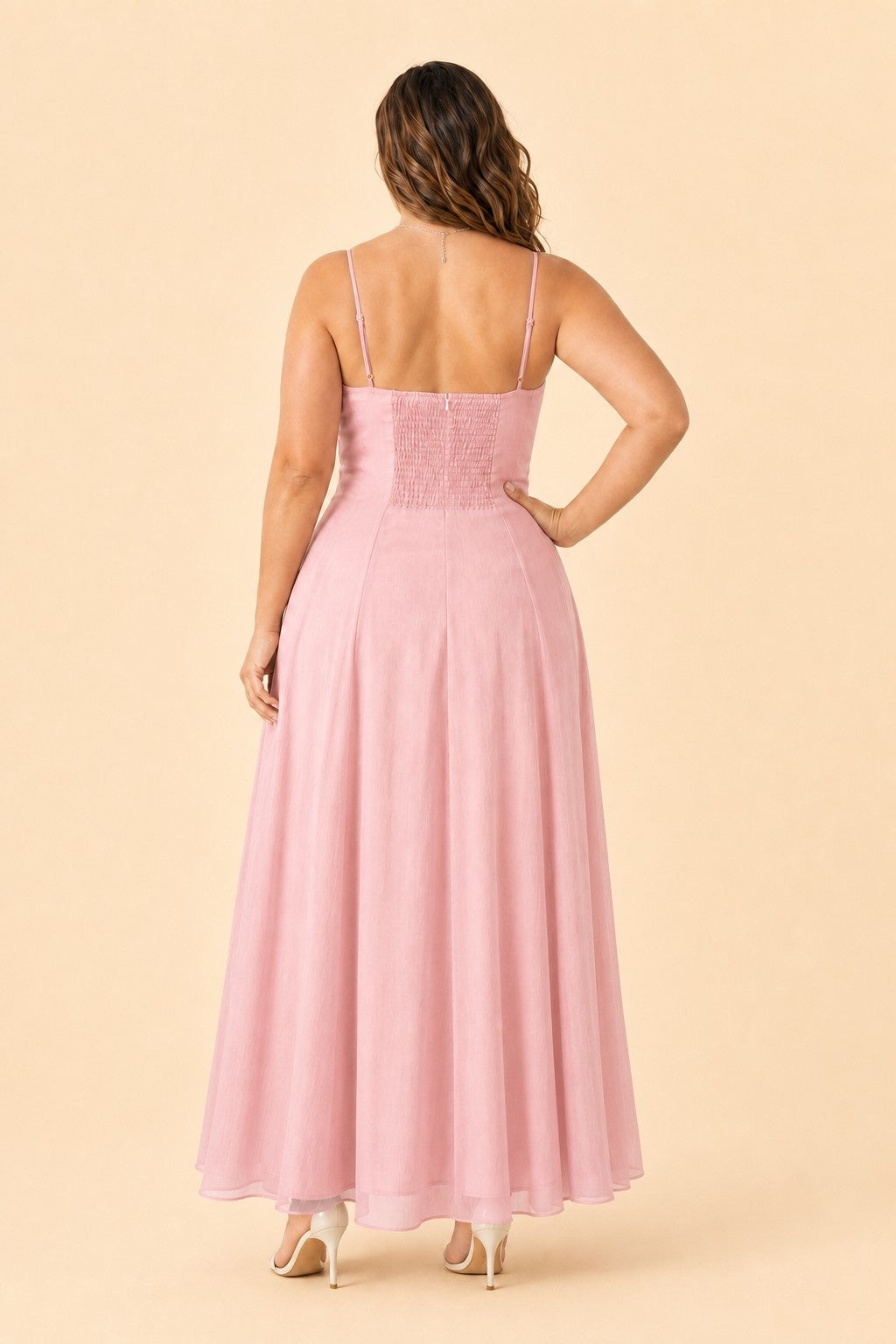 Plus Size Ruffled Shirred Tulle Bridesmaid Dress A-Line Maxi