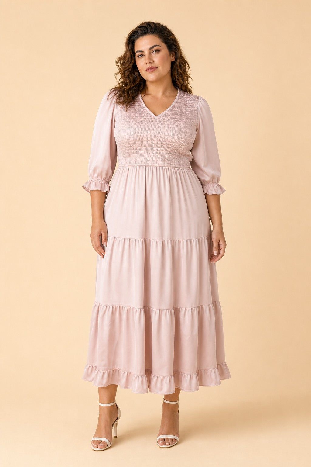 Romantic Plus Size Satin Bridesmaid Dress with Ruffles and Hidden Pockets