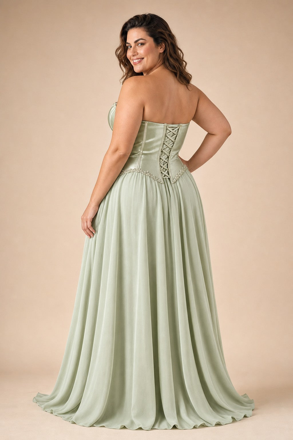 Scarvelle Plus Size Satin Prom Dress with Basque Waist and Pearl Corset
