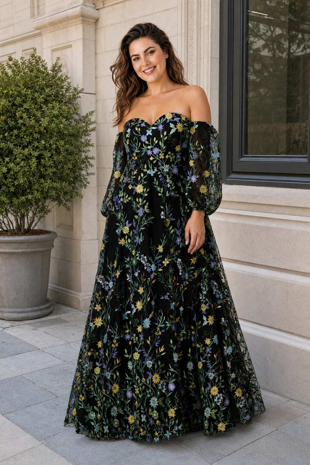 Plus Size A-Line Wedding Dress with Detachable Puff Sleeves and Embroidered Mesh