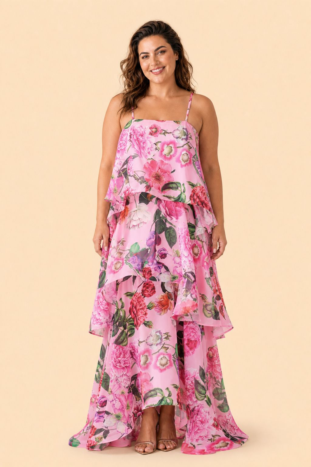 Romantic Floral A-Line Bridesmaid Dress with Flowing Tiered Skirt
