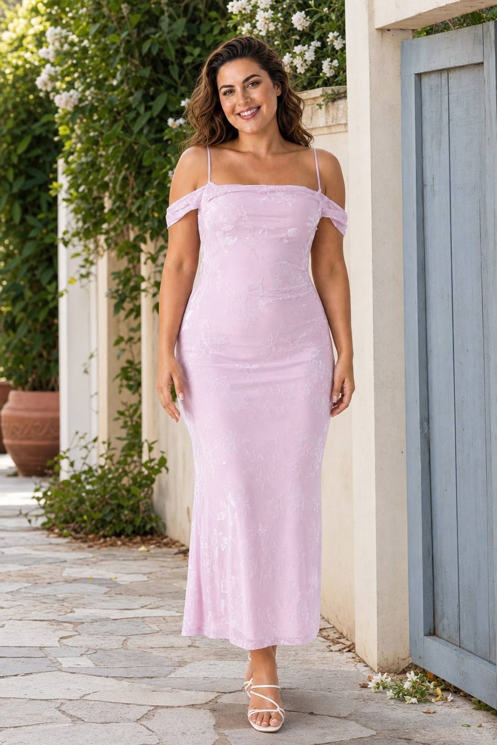 Plus Size Off Shoulder Burnout Floral Bridesmaid Dress with Lace-Up Back