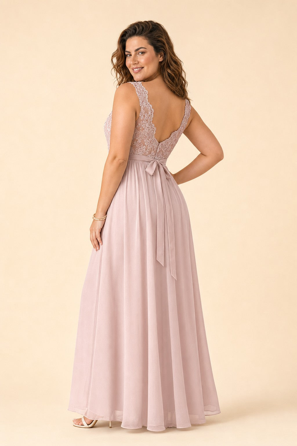 Plus Size Lace Bridesmaid Dress with Slit and Pockets Elegant A-Line Chiffon Open Back Formal Gown