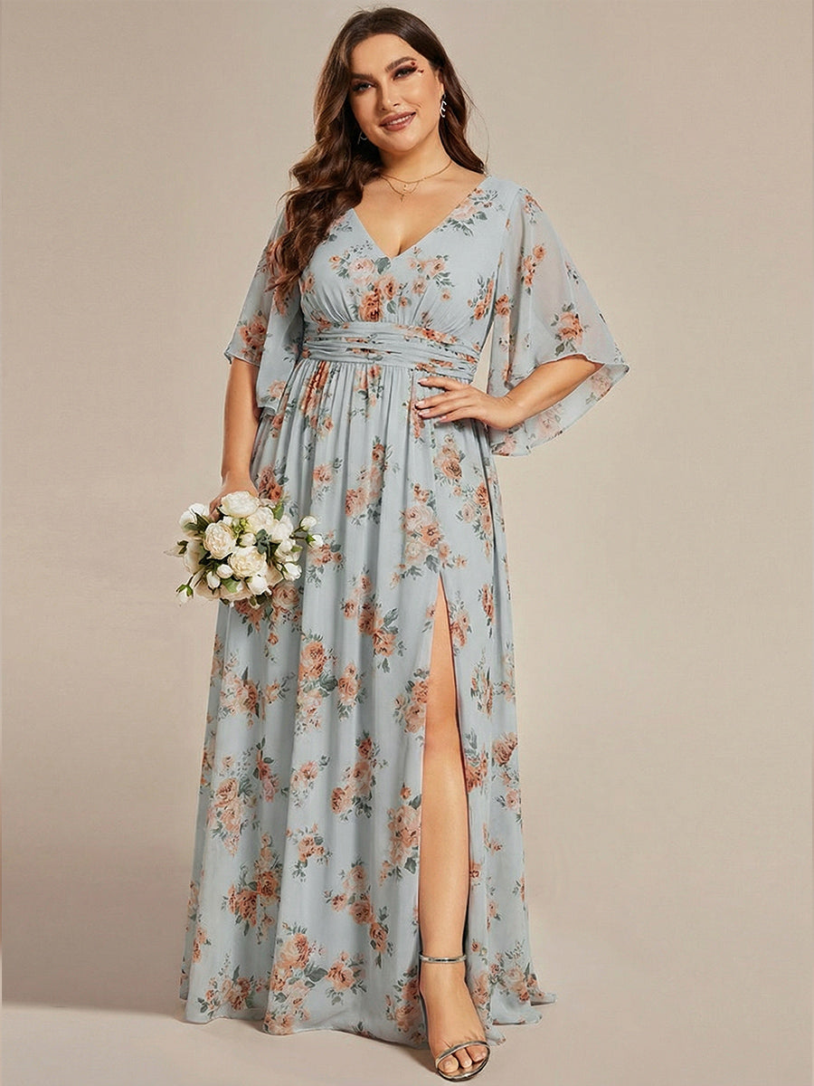 Plus Size Half Sleeve Pleated A-Line V-Neck Chiffon Bridesmaid Dress