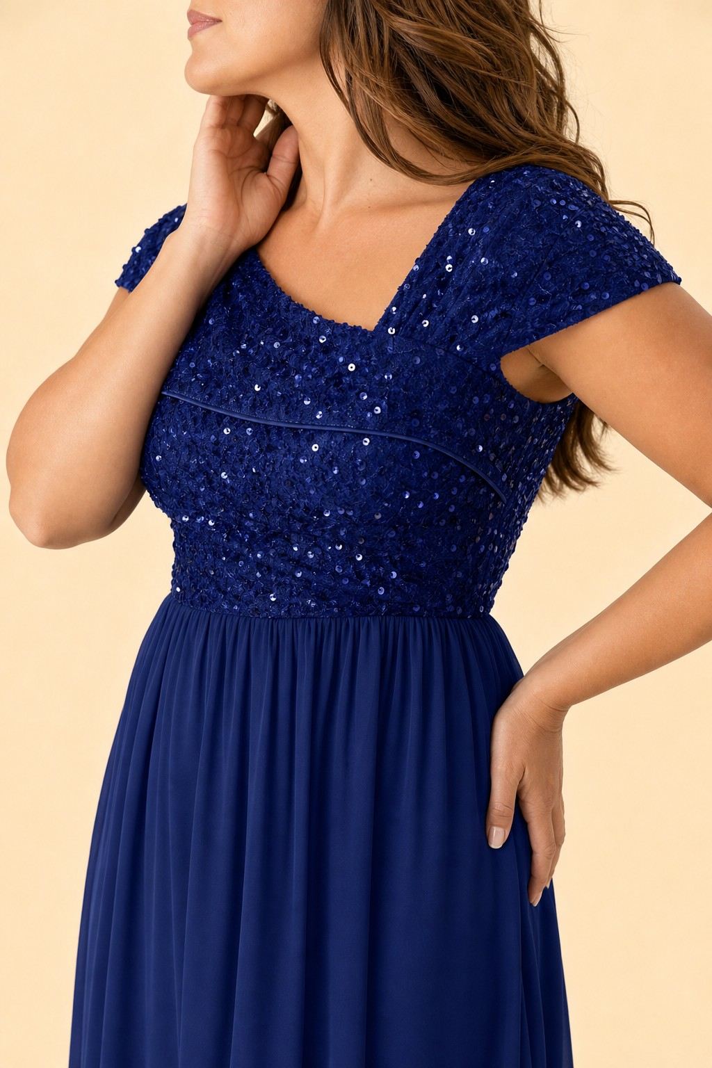 Asymmetrical Neck Evening Gown with Sequin Accent for Bridesmaids and Formal Events