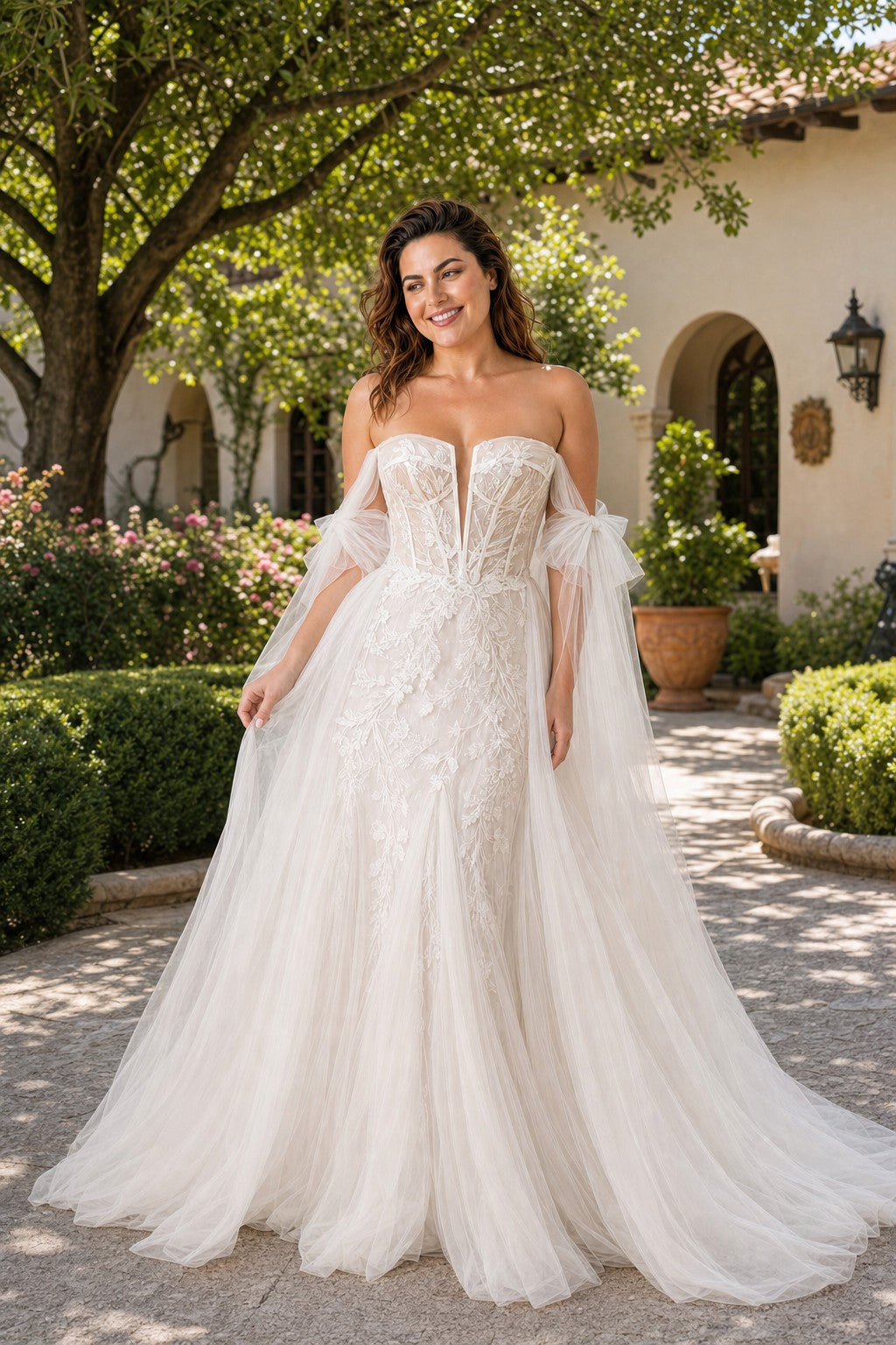 Plus Size Bridal Gown Off Shoulder with Removable Skirt Romantic Bow Detail