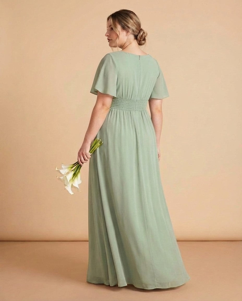 Petaline Elegant Chiffon A-Line Bridesmaid Gown with Short Sleeves N0324