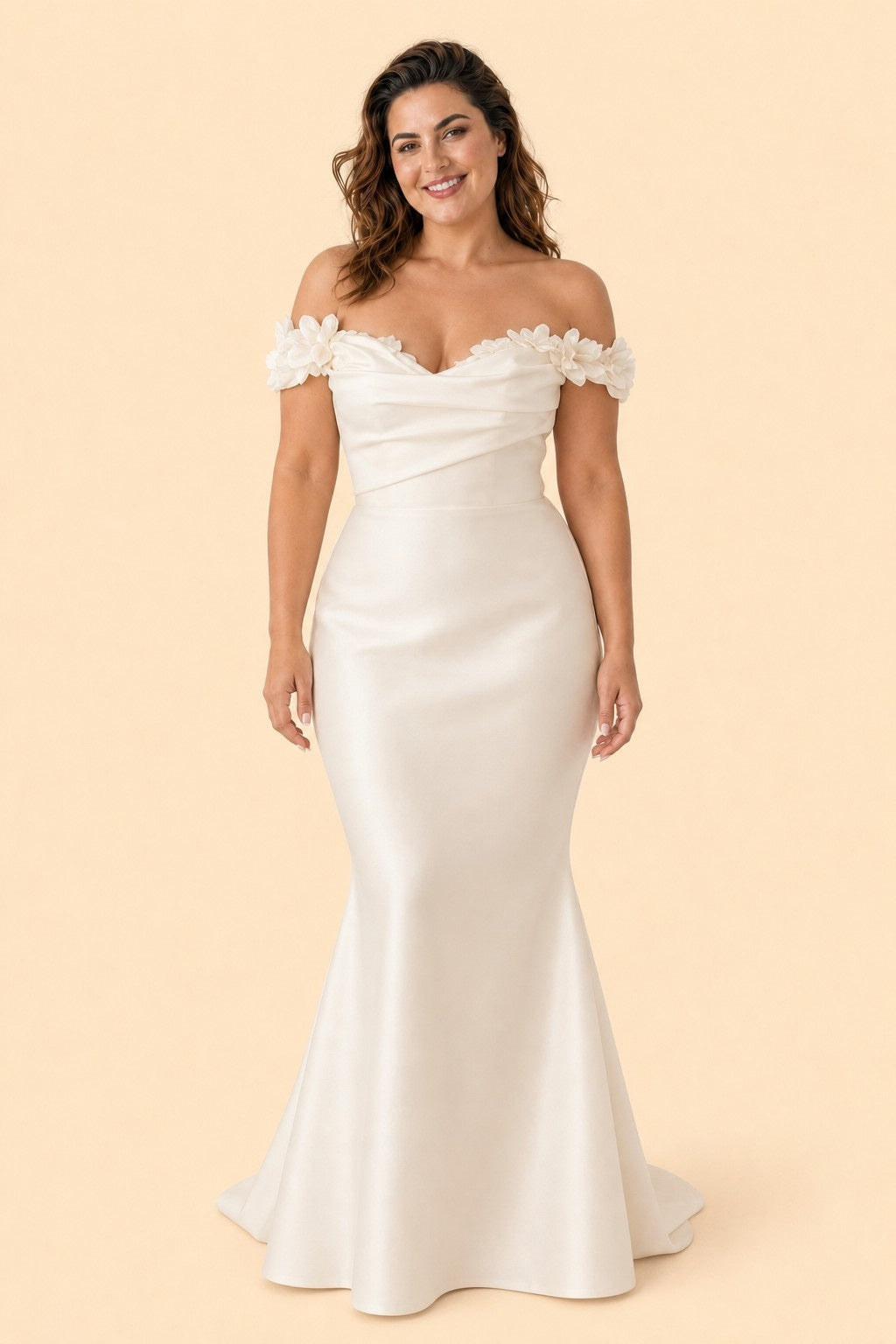 Plus Size Off Shoulder Wedding Dress with Detachable Train and Lace Appliqués